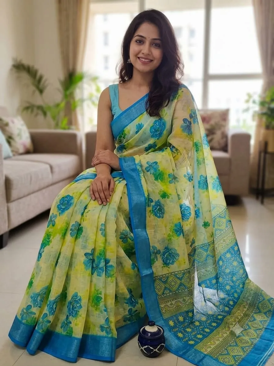 Yellow Linen Cotton Saree with Blue Floral Print and Ajrakh Border